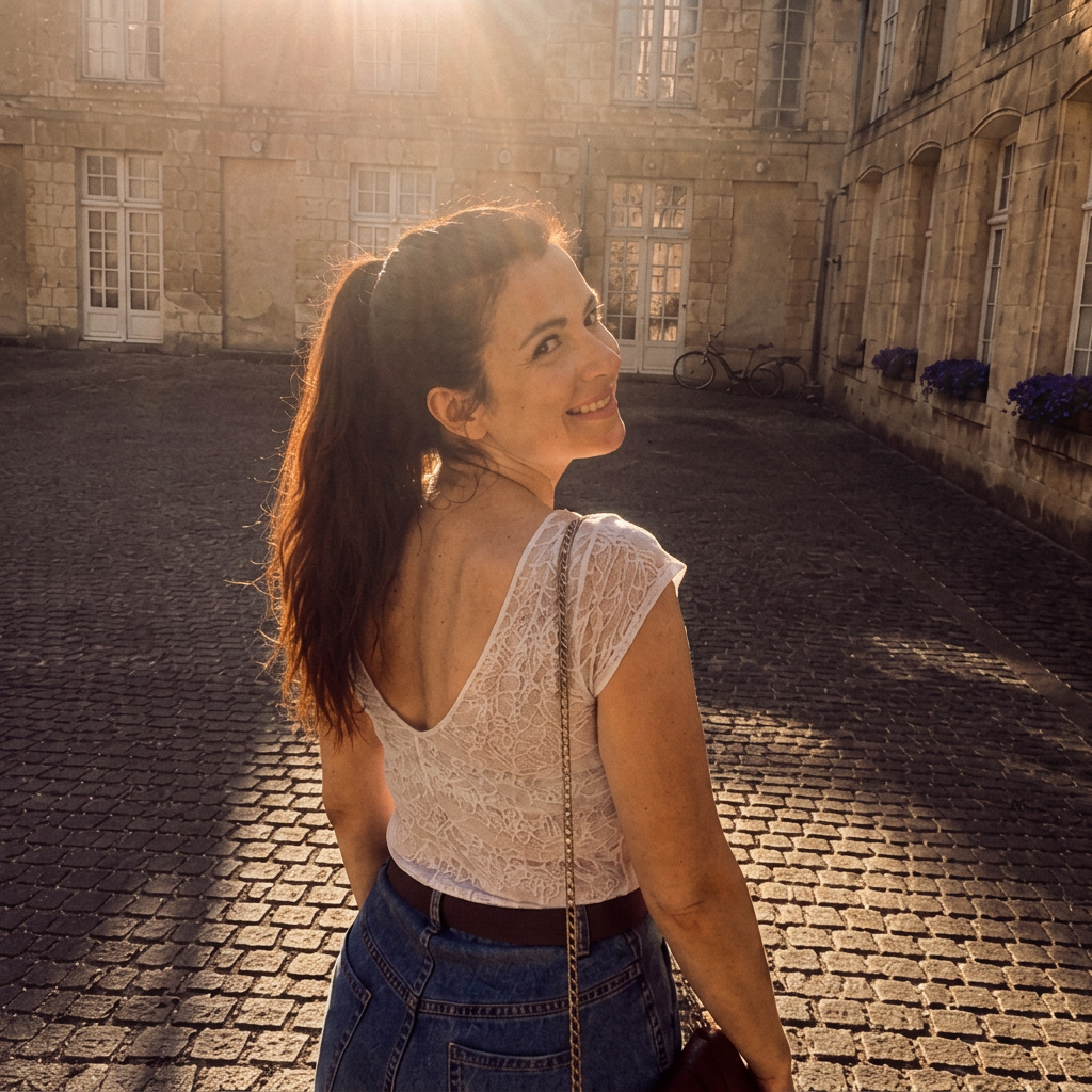 Juliette souriante dans une cour ensoleillée