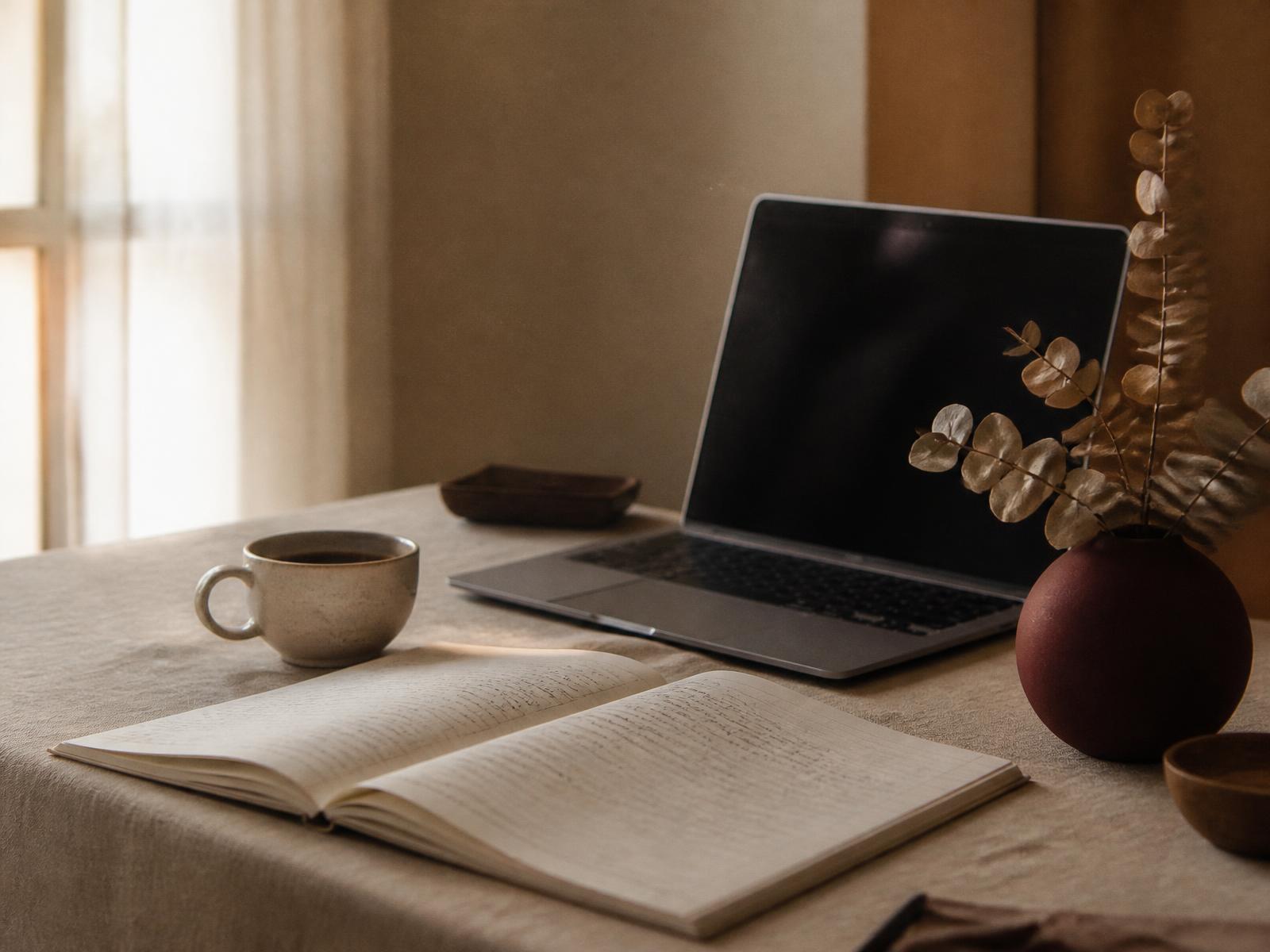 Bureau clair avec carnet, ordinateur portable et café